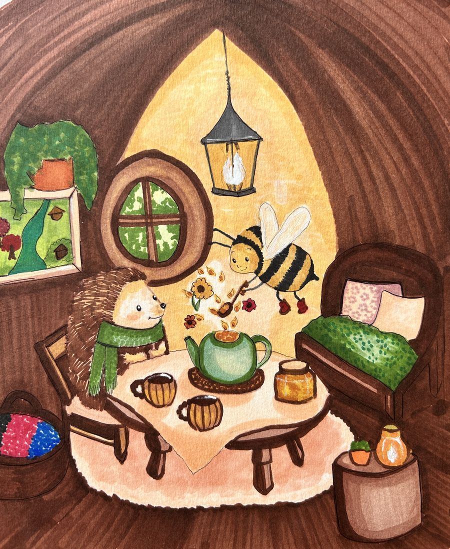 Prickly and Marigold having tea