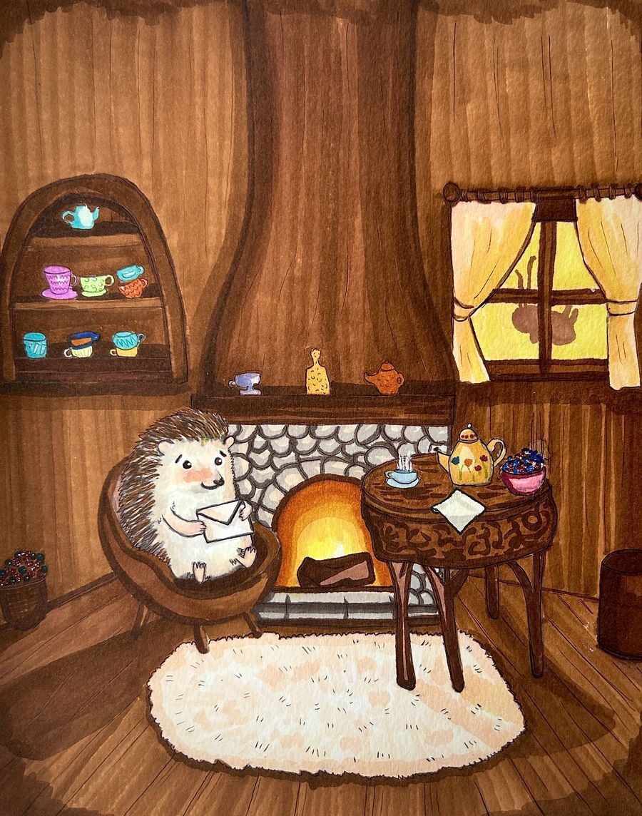 Prickly by the fireside with a letter