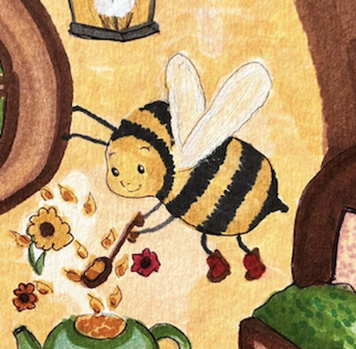 Buzzy the bee making flower tea