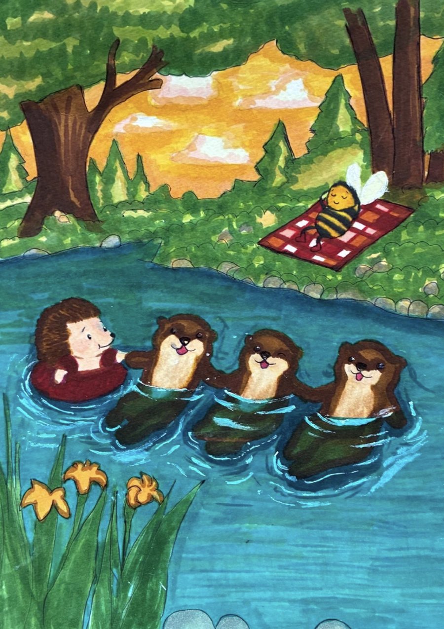 Prickly swimming with three otters, Buzzy resting on a picnic blanket by the lake