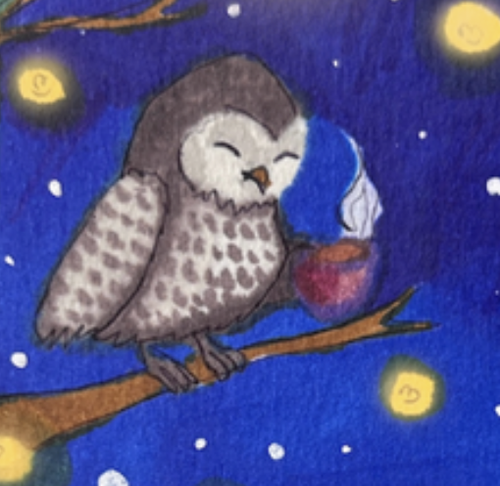 The owl on a branch at night with fireflies