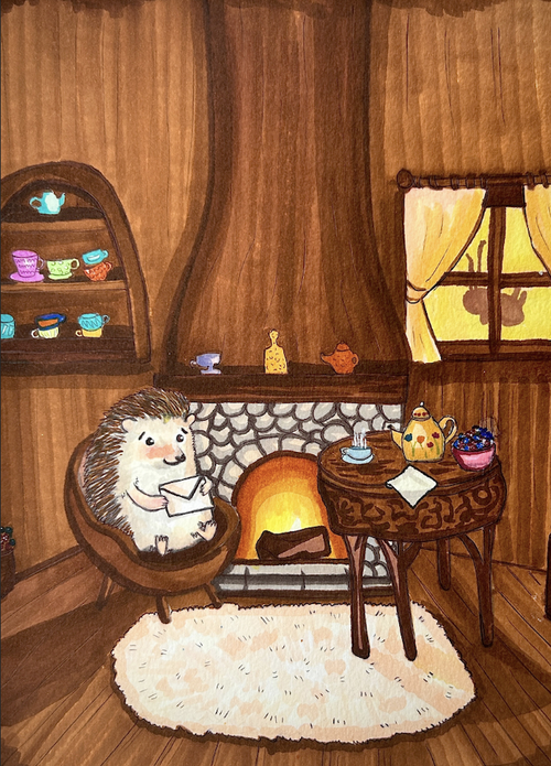 Prickly the hedgehog by the fireside with a letter
