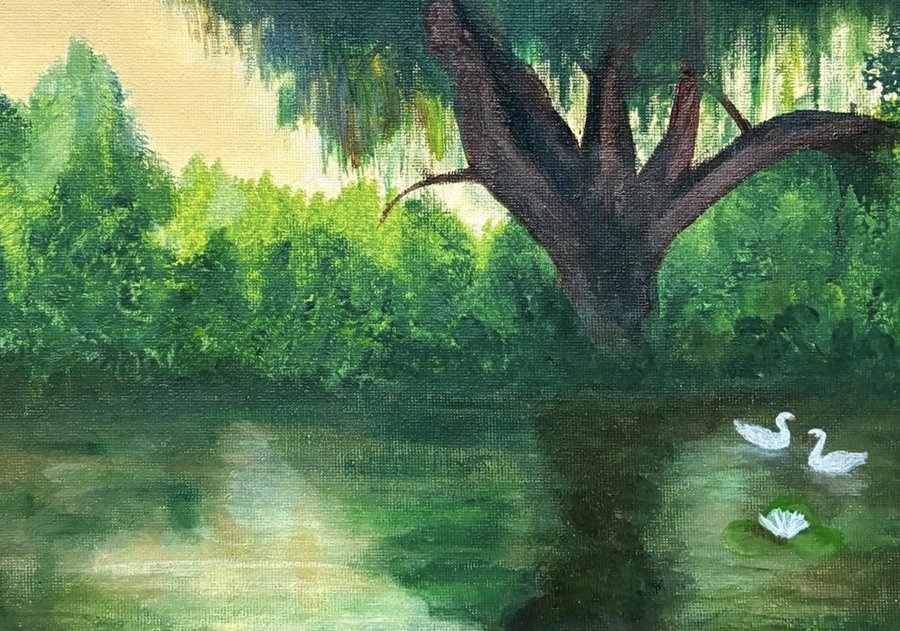 Peaceful — two swans beneath a tree, reflected in still water